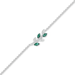 Marquise Lab-Created Emerald and White Lab-Created Sapphire Sideways Leafy Branch Anklet in Sterling Silver – 10&quot;