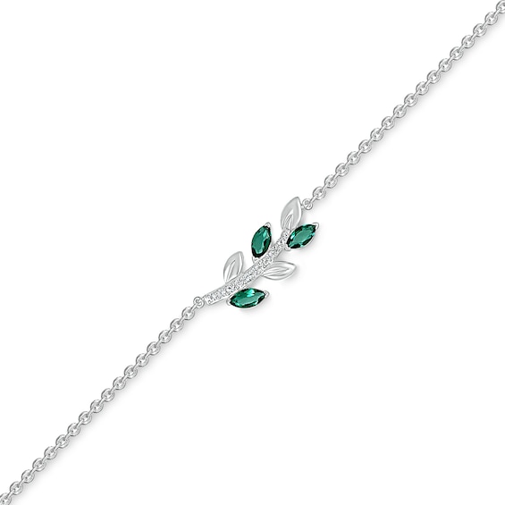 Marquise Lab-Created Emerald and White Lab-Created Sapphire Sideways Leafy Branch Anklet in Sterling Silver – 10"