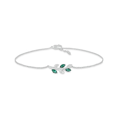 Marquise Lab-Created Emerald and White Lab-Created Sapphire Sideways Leafy Branch Anklet in Sterling Silver – 10"