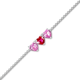 5.0mm Heart-Shaped Lab-Created Ruby and Pink Lab-Created Sapphire Three Stone Anklet in Sterling Silver – 10&quot;