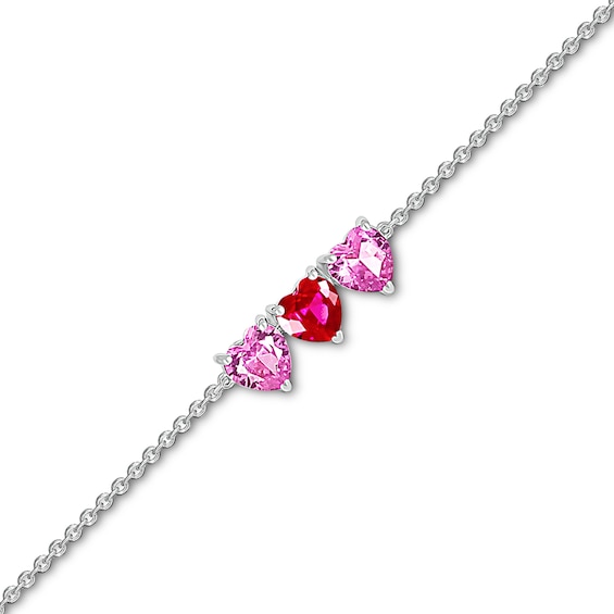 5.0mm Heart-Shaped Lab-Created Ruby and Pink Lab-Created Sapphire Three Stone Anklet in Sterling Silver – 10"