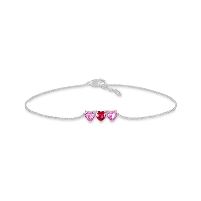 5.0mm Heart-Shaped Lab-Created Ruby and Pink Lab-Created Sapphire Three Stone Anklet in Sterling Silver – 10"