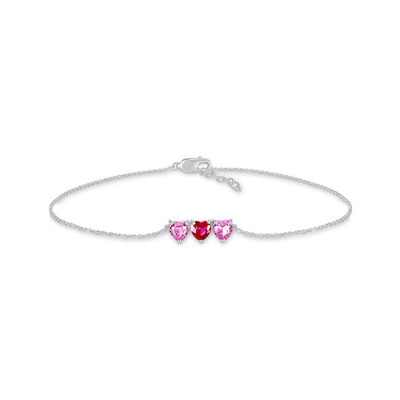 5.0mm Heart-Shaped Lab-Created Ruby and Pink Lab-Created Sapphire Three Stone Anklet in Sterling Silver – 10"