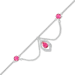 Pear-Shaped and Round Lab-Created Ruby with White Lab-Created Sapphire Chandelier Anklet in Sterling Silver – 10&quot;