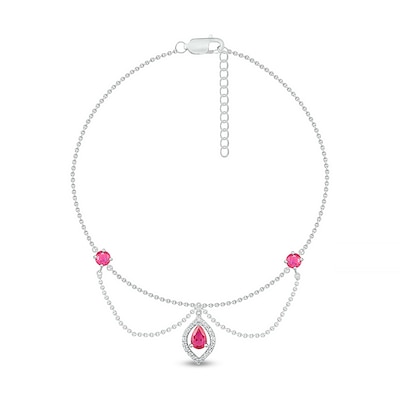 Pear-Shaped and Round Lab-Created Ruby with White Lab-Created Sapphire Chandelier Anklet in Sterling Silver – 10"