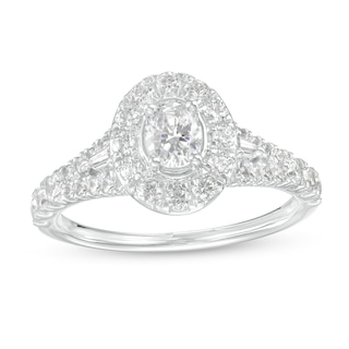 1.00 CT. T.W. Oval Diamond Frame Split Shank Engagement Ring in 14K White Gold (I/I2)