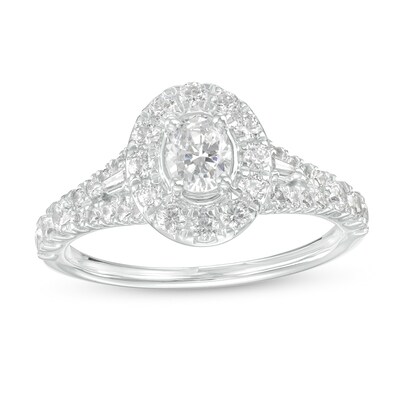 1.00 CT. T.W. Oval Diamond Frame Split Shank Engagement Ring in 14K White Gold (I/I2)