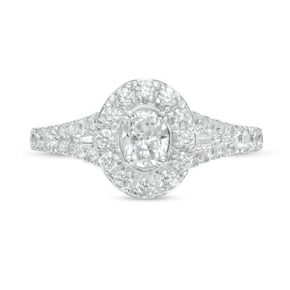 1.00 CT. T.W. Oval Diamond Frame Split Shank Engagement Ring in 14K White Gold (I/I2)