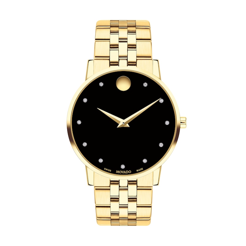Men's Movado Museum® Classic 0.04 CT. T.W. Diamond Gold-Tone PVD Watch with Black Dial (Model: 0607625)