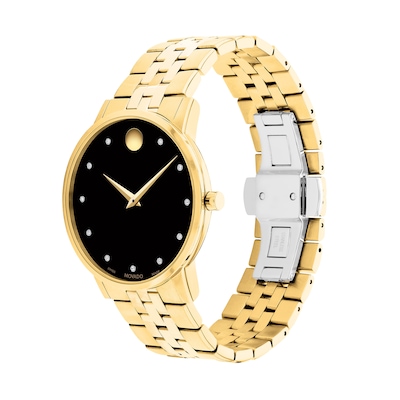 Men's Movado Museum® Classic 0.04 CT. T.W. Diamond Gold-Tone PVD Watch with Black Dial (Model: 0607625)