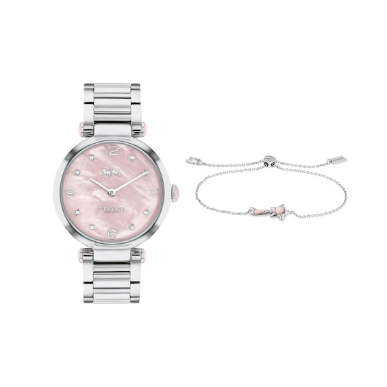 Ladies' Coach Cary Crystal Accent Watch with Mother-of-Pearl Dial and Shooting Star Bolo Bracelet Set (Model: 14000075)