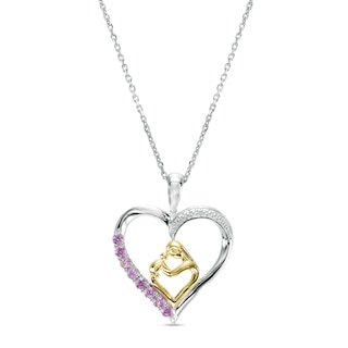 Pink and White Lab-Created Sapphire Motherly Love Heart Pendant in Sterling Silver and 14K Gold Plate