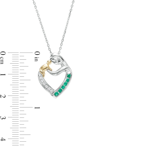 Lab-Created Emerald and White Lab-Created Sapphire Motherly Love Heart Pendant in Sterling Silver and 14K Gold