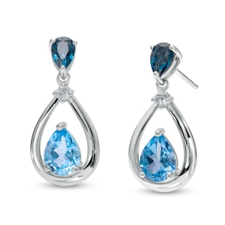 Pear-Shaped Swiss and London Blue Topaz with White Lab-Created Sapphire Drop Earrings in Sterling Silver