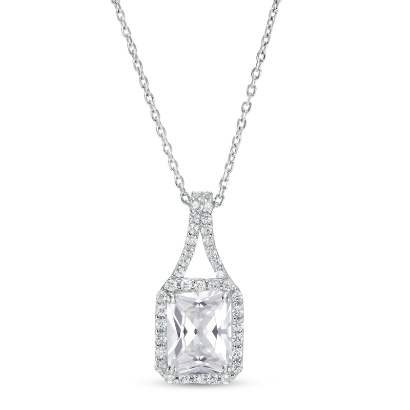 Emerald-Cut White Lab-Created Sapphire Frame Split Drop Pendant in Sterling Silver|Peoples Jewellers