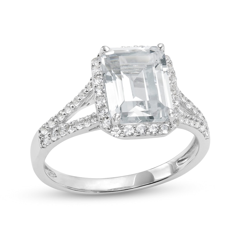 Emerald-Cut White Lab-Created Sapphire Frame Split Shank Ring in Sterling Silver|Peoples Jewellers
