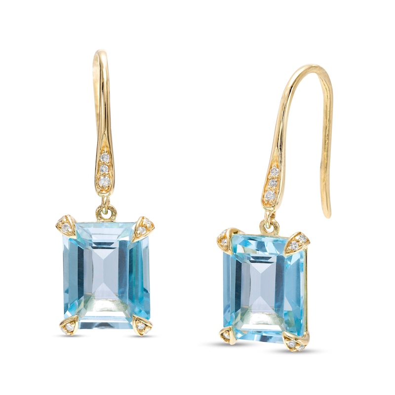 Emerald-Cut Sky Blue Topaz and 0.065 CT. T.W. Diamond Drop Earrings in 10K Gold|Peoples Jewellers