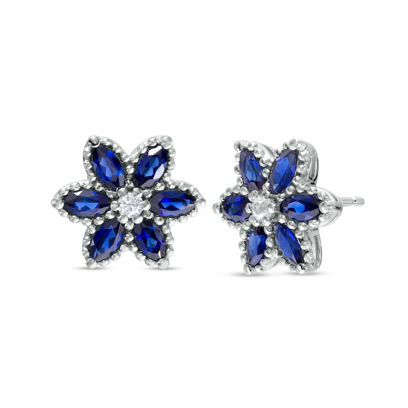 Marquise Blue and White Lab-Created Sapphire Flower Stud Earrings in Sterling Silver|Peoples Jewellers