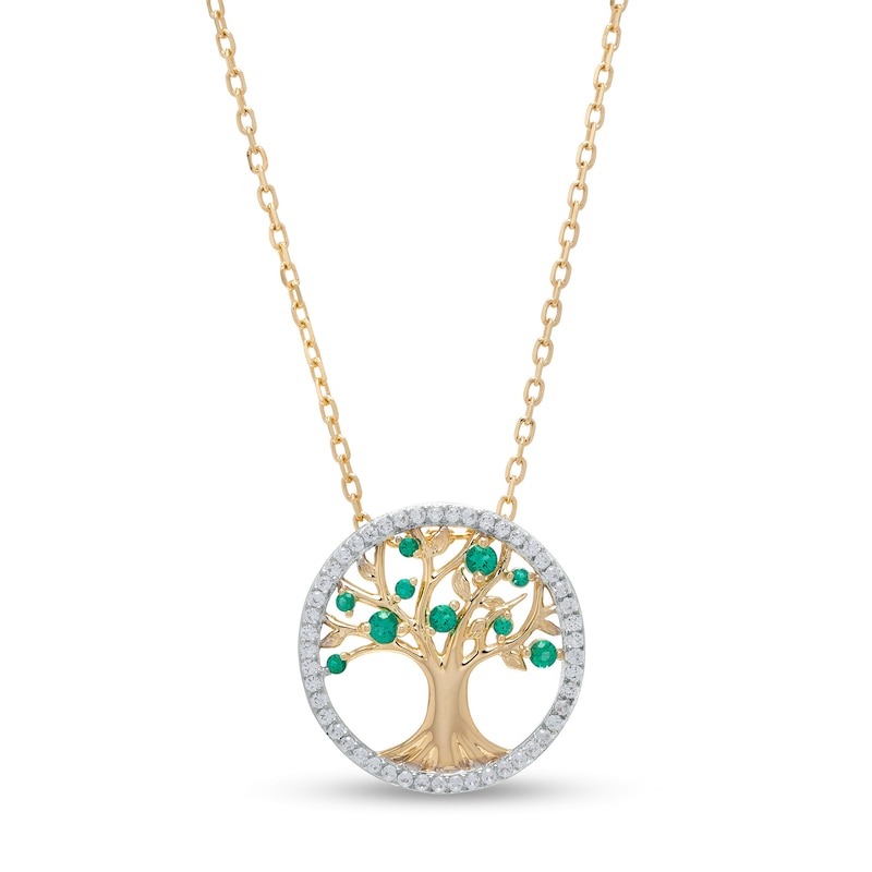 Lab-Created Emerald and White Lab-Created Sapphire Frame Tree of Life Pendant in 10K Gold|Peoples Jewellers