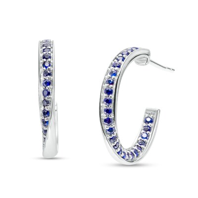 Blue Sapphire Twist Hoop Earrings in 10K White Gold