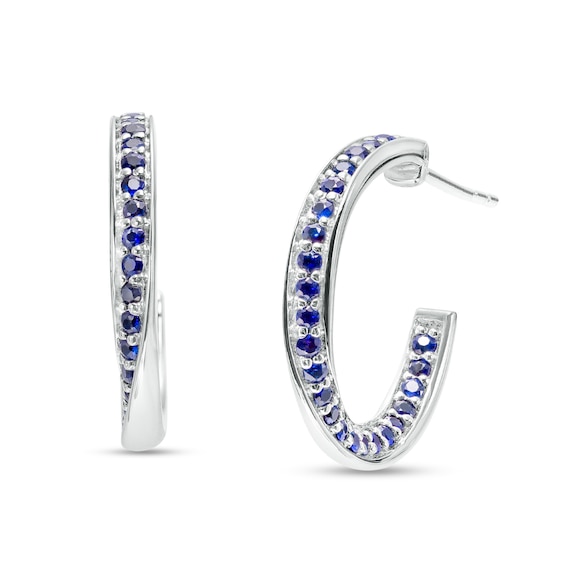 Blue Sapphire Twist Hoop Earrings in 10K White Gold