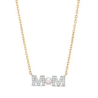 3.5-4.0mm Button Freshwater Cultured Pearl and White Lab-Created Sapphire "MOM" Necklace in 10K Gold