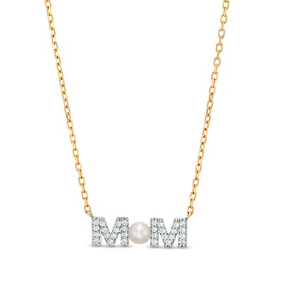 3.5-4.0mm Button Freshwater Cultured Pearl and White Lab-Created Sapphire "MOM" Necklace in 10K Gold