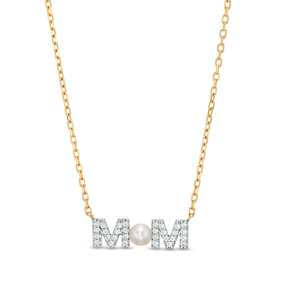 3.5-4.0mm Button Freshwater Cultured Pearl and White Lab-Created Sapphire "MOM" Necklace in 10K Gold