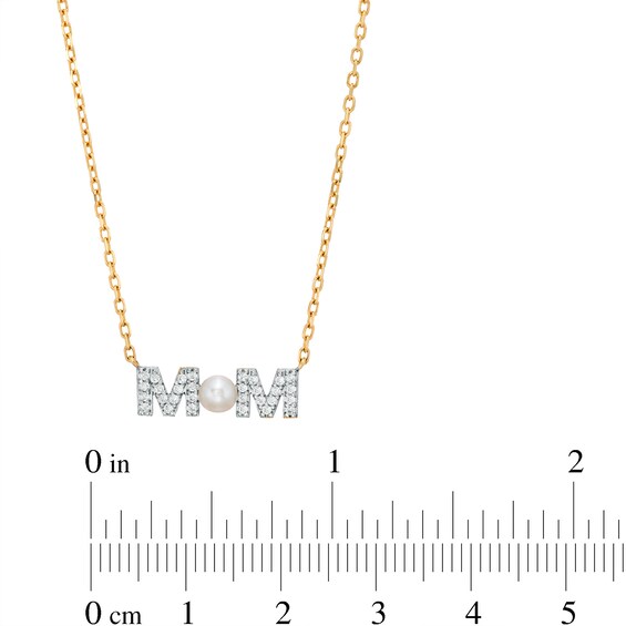 3.5-4.0mm Button Freshwater Cultured Pearl and White Lab-Created Sapphire "MOM" Necklace in 10K Gold