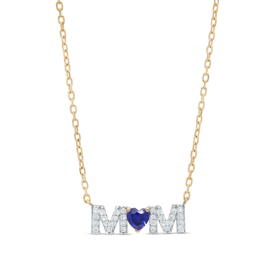 4.0mm Heart-Shaped Blue and White Lab-Created Sapphire "MOM" Necklace in 10K Gold