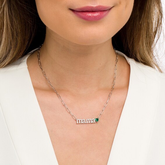 5.0mm Heart-Shaped Lab-Created Emerald and White Lab-Created Sapphire "mama" Necklace in Sterling Silver