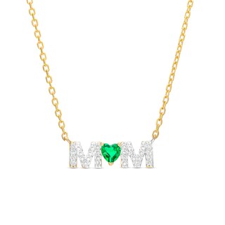 4.0mm Heart-Shaped Lab-Created Emerald and White Lab-Created Sapphire "MOM" Necklace in 10K Gold