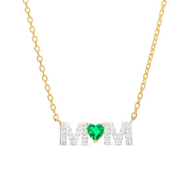 4.0mm Heart-Shaped Lab-Created Emerald and White Lab-Created Sapphire "MOM" Necklace in 10K Gold