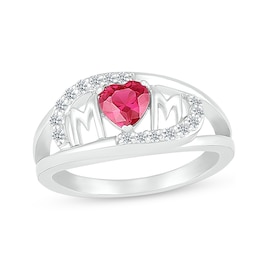 5.0mm Heart-Shaped Lab-Created Ruby and White Lab-Created Sapphire Bypass &quot;MOM&quot; Ring in Sterling Silver