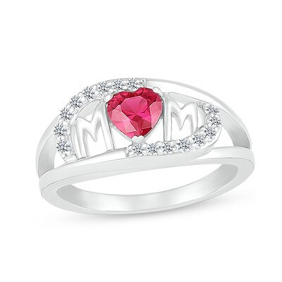 5.0mm Heart-Shaped Lab-Created Ruby and White Lab-Created Sapphire Bypass "MOM" Ring in Sterling Silver