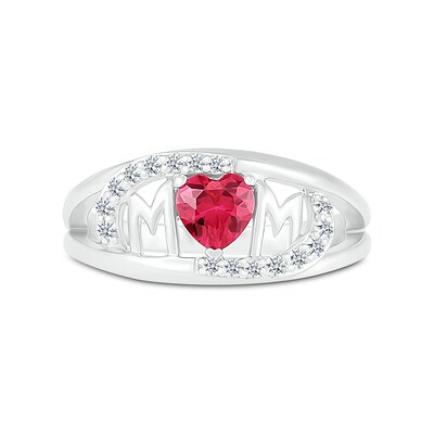 5.0mm Heart-Shaped Lab-Created Ruby and White Lab-Created Sapphire Bypass "MOM" Ring in Sterling Silver