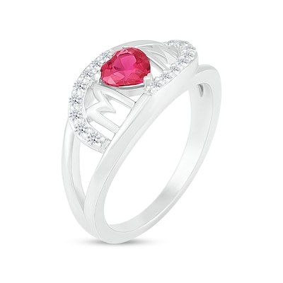 5.0mm Heart-Shaped Lab-Created Ruby and White Lab-Created Sapphire Bypass "MOM" Ring in Sterling Silver