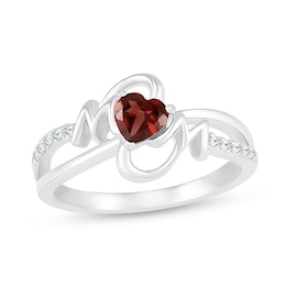 5.0mm Heart-Shaped Garnet and White Lab-Created Sapphire &quot;MOM&quot; Split Shank Ring in Sterling Silver