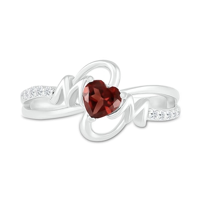 5.0mm Heart-Shaped Garnet and White Lab-Created Sapphire "MOM" Split Shank Ring in Sterling Silver