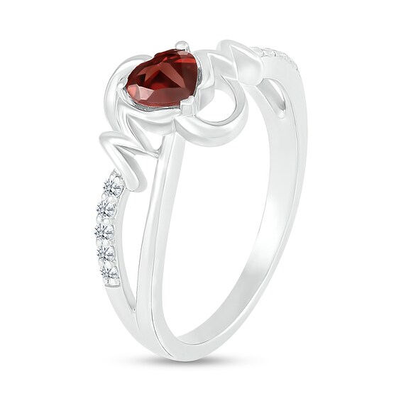 5.0mm Heart-Shaped Garnet and White Lab-Created Sapphire "MOM" Split Shank Ring in Sterling Silver