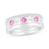 3.0mm Pink and White Lab-Created Sapphire Alternating "MOM" Triple Row Band in Sterling Silver