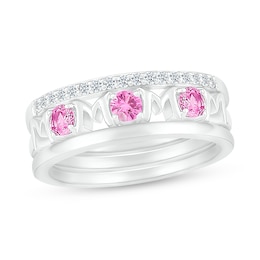 3.0mm Pink and White Lab-Created Sapphire Alternating &quot;MOM&quot; Triple Row Band in Sterling Silver