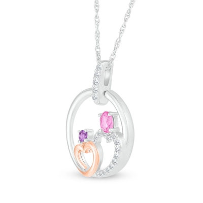 Oval Pink and White Lab-Created Sapphire with Amethyst Motherly Love Pendant in Sterling Silver and 10K Rose Gold