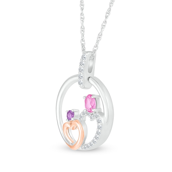 Oval Pink and White Lab-Created Sapphire with Amethyst Motherly Love Pendant in Sterling Silver and 10K Rose Gold