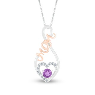 4.0mm Amethyst and White Lab-Created Sapphire "MOM" Heart Loop Pendant in Sterling Silver and 10K Rose Gold