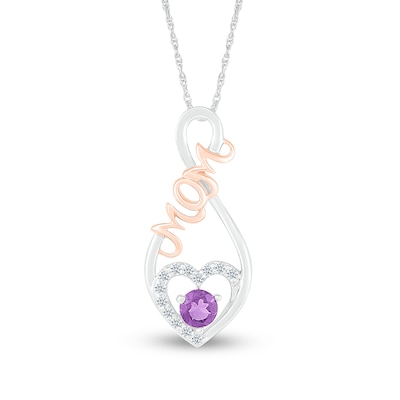 4.0mm Amethyst and White Lab-Created Sapphire "MOM" Heart Loop Pendant in Sterling Silver and 10K Rose Gold