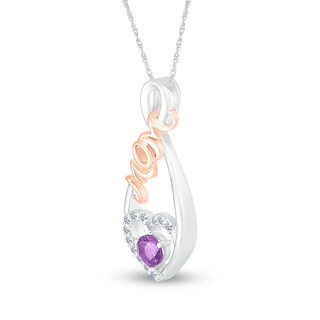 4.0mm Amethyst and White Lab-Created Sapphire "MOM" Heart Loop Pendant in Sterling Silver and 10K Rose Gold