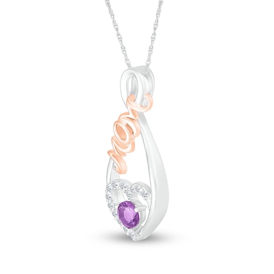 4.0mm Amethyst and White Lab-Created Sapphire "MOM" Heart Loop Pendant in Sterling Silver and 10K Rose Gold