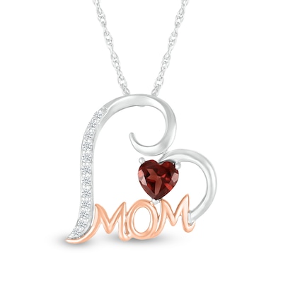 5.0mm Heart-Shaped Garnet and White Lab-Created Sapphire "MOM" Tilted Heart Pendant in Sterling Silver and 10K Rose Gold