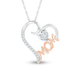 5.0mm Heart-Shaped White Lab-Created Sapphire &quot;MOM&quot; Tilted Heart Pendant in Sterling Silver and 10K Rose Gold